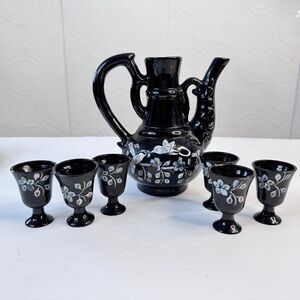 Vintage Black Lacquer Japanese Sake Set Mother of Pearl Hummingbirds Shot Glass
